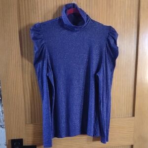 INC XXL International Concepts Metallic Blue LS Knit Top Turtle Neck Ruffle